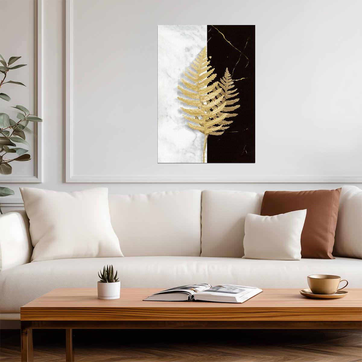 Golden Fern Botanical Art | Minimalist Black and White Print | Modern Nature Poster