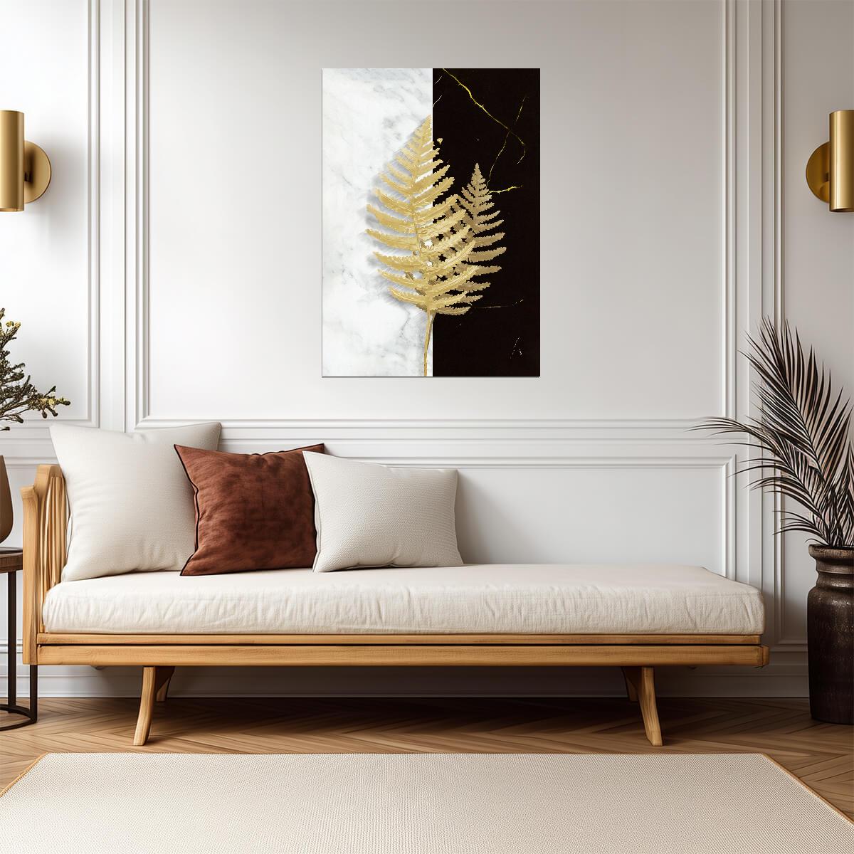 Golden Fern Botanical Art | Minimalist Black and White Print | Modern Nature Poster
