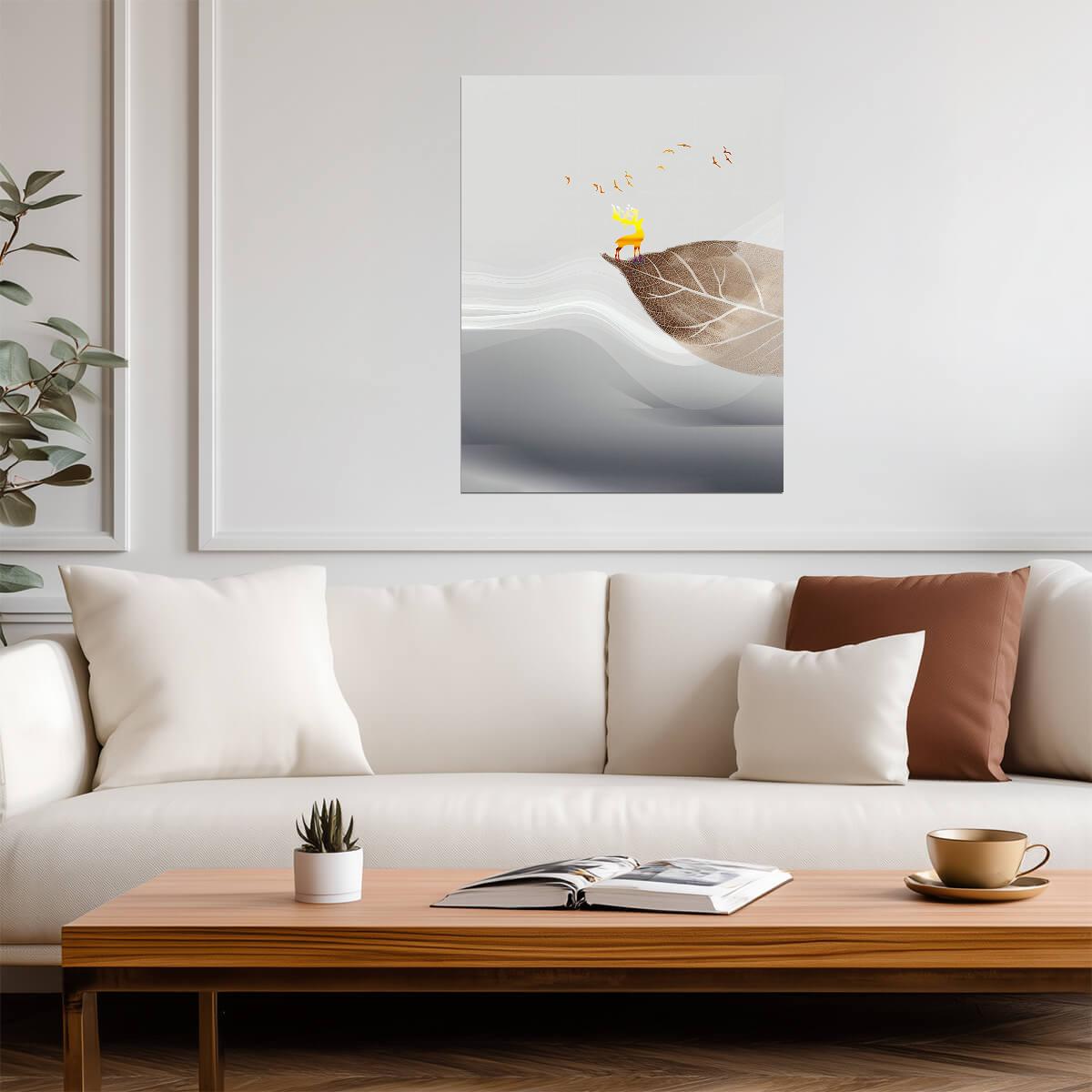 Minimalist Bird and Leaf | Scandinavian Style Art Print | Zen Nature Wall Poster