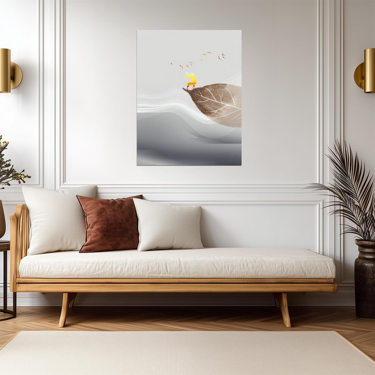 Minimalist Bird and Leaf | Scandinavian Style Art Print | Zen Nature Wall Poster