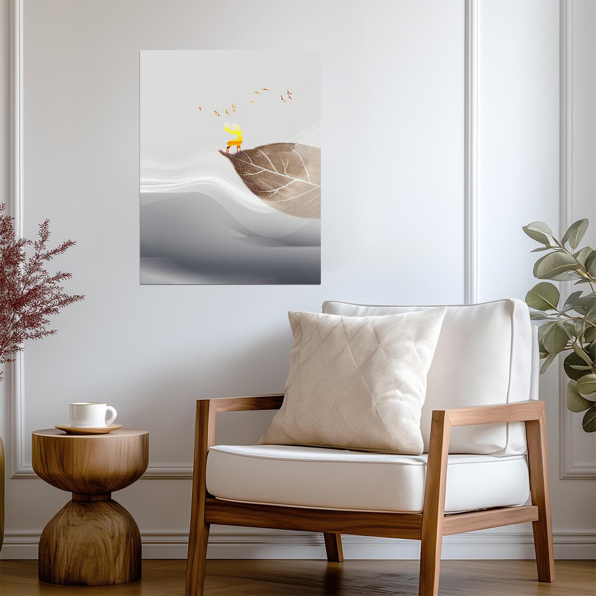 Minimalist Bird and Leaf | Scandinavian Style Art Print | Zen Nature Wall Poster