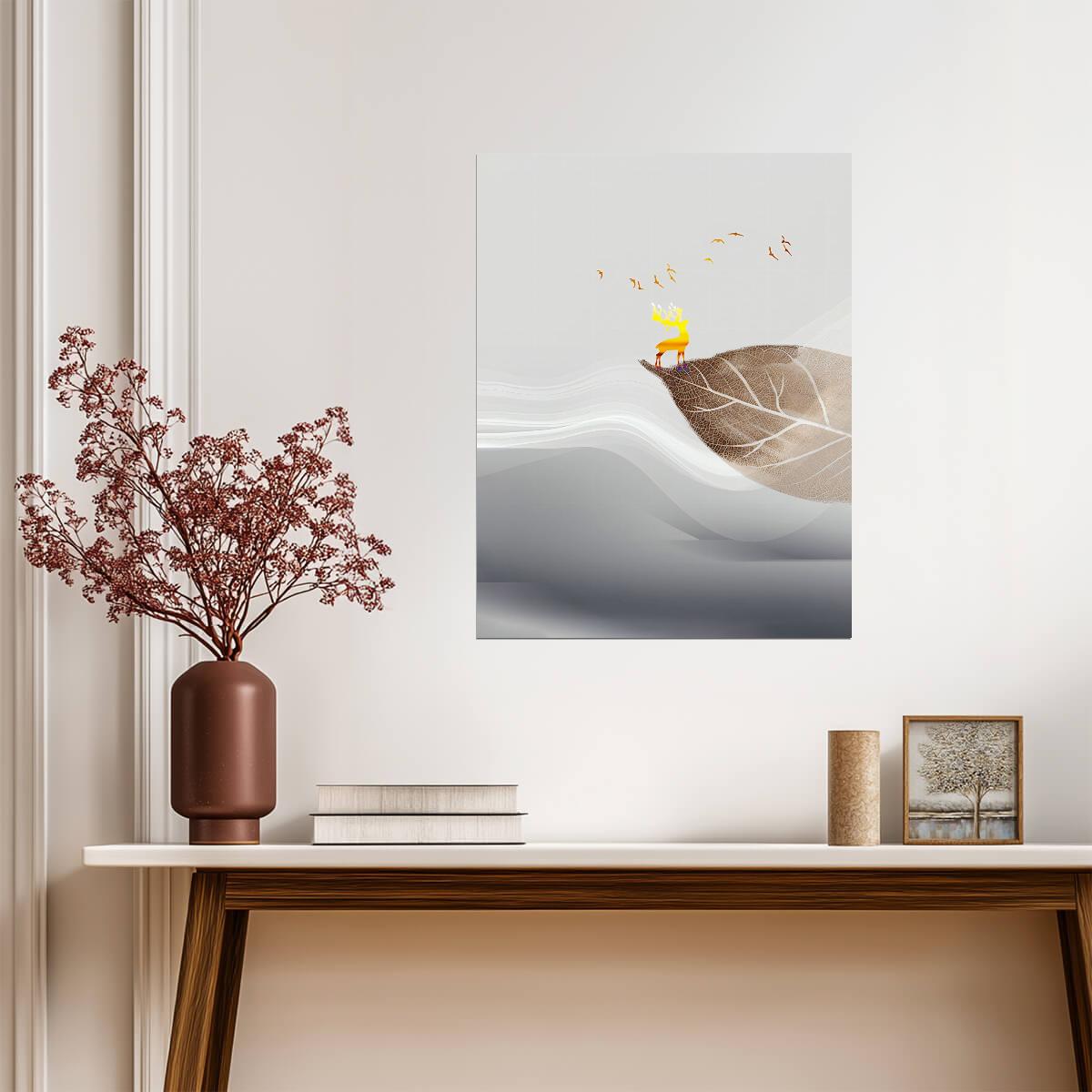 Minimalist Bird and Leaf | Scandinavian Style Art Print | Zen Nature Wall Poster
