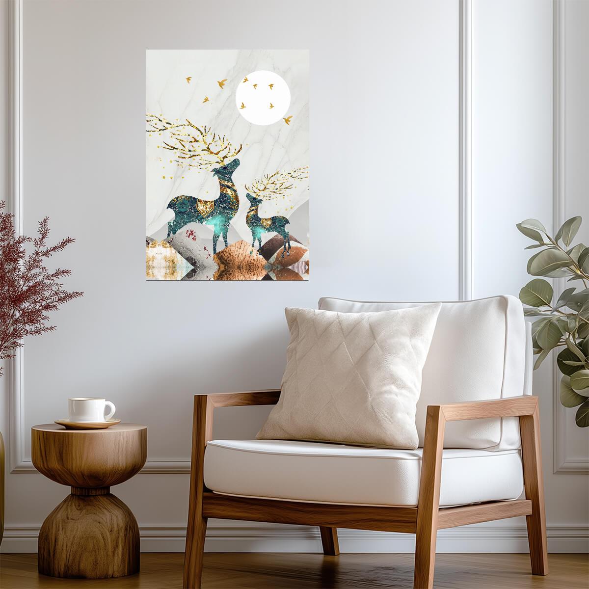 Nordic Abstract Elk and Moon | Scandinavian Boho Art | Mystical Forest Poster
