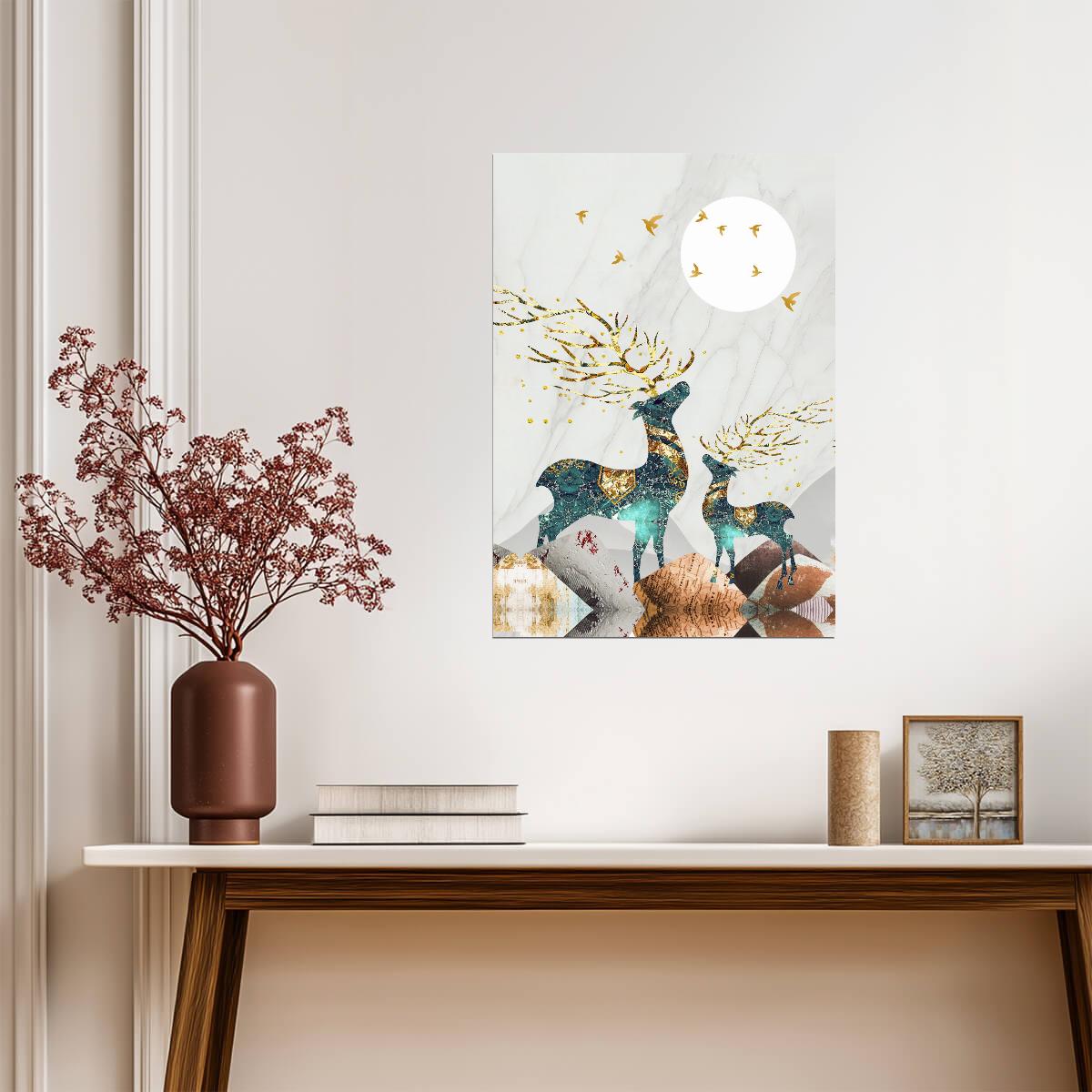 Nordic Abstract Elk and Moon | Scandinavian Boho Art | Mystical Forest Poster