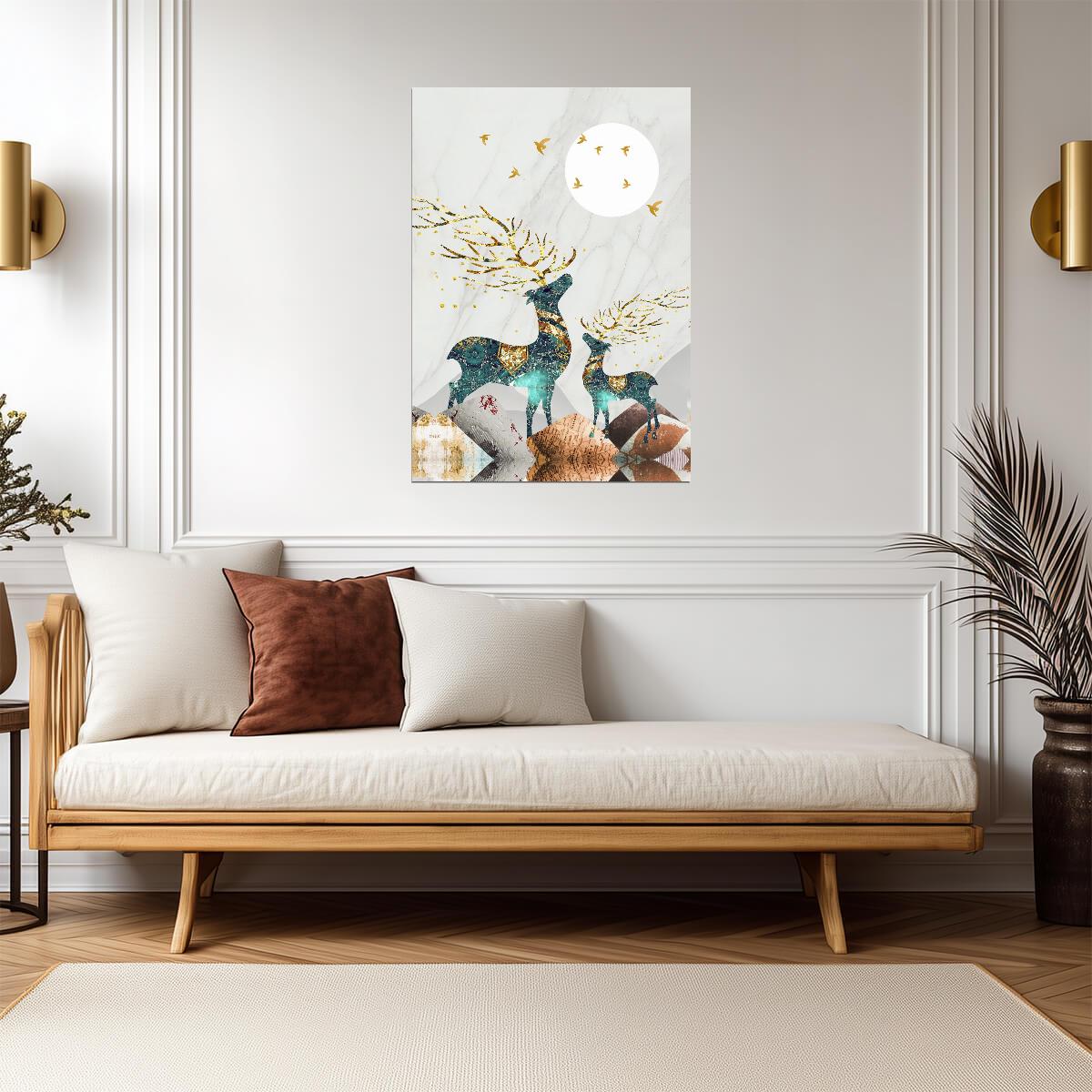 Nordic Abstract Elk and Moon | Scandinavian Boho Art | Mystical Forest Poster