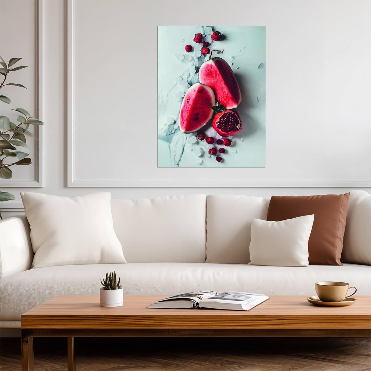 Pomegranate and Watermelon Still Life | Vibrant Kitchen Photography | Colorful Fruit Poster