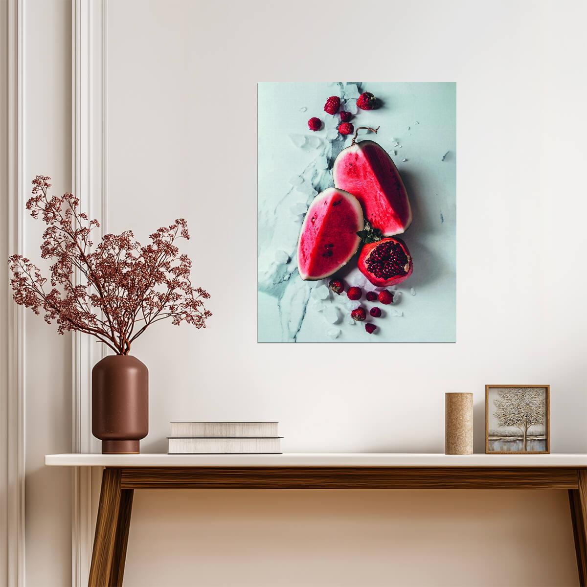 Pomegranate and Watermelon Still Life | Vibrant Kitchen Photography | Colorful Fruit Poster