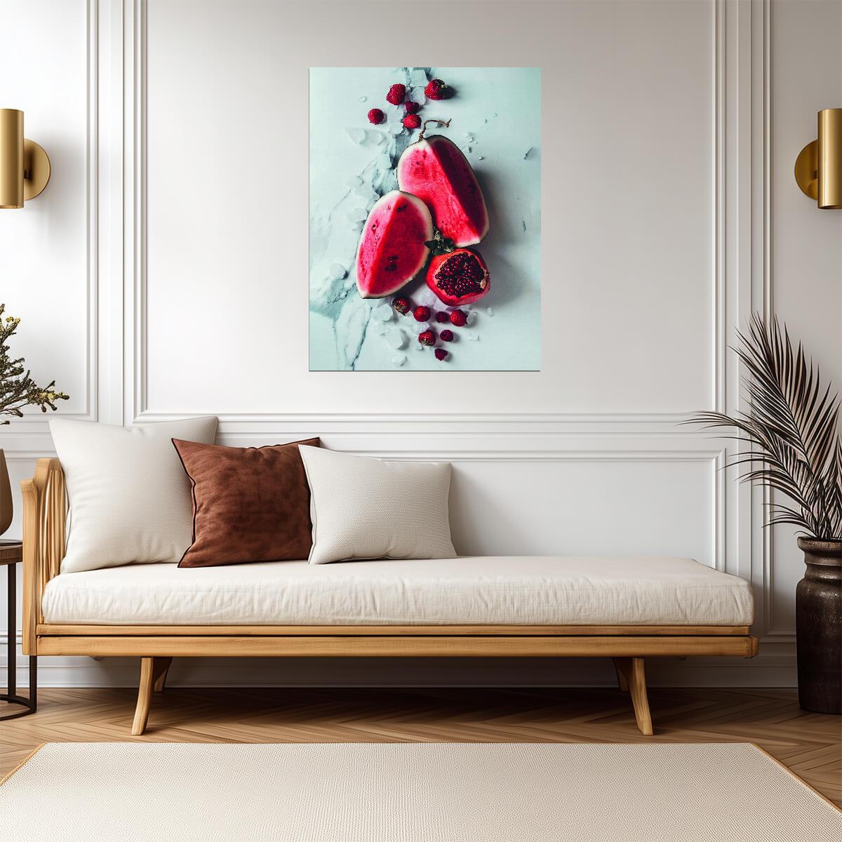 Pomegranate and Watermelon Still Life | Vibrant Kitchen Photography | Colorful Fruit Poster