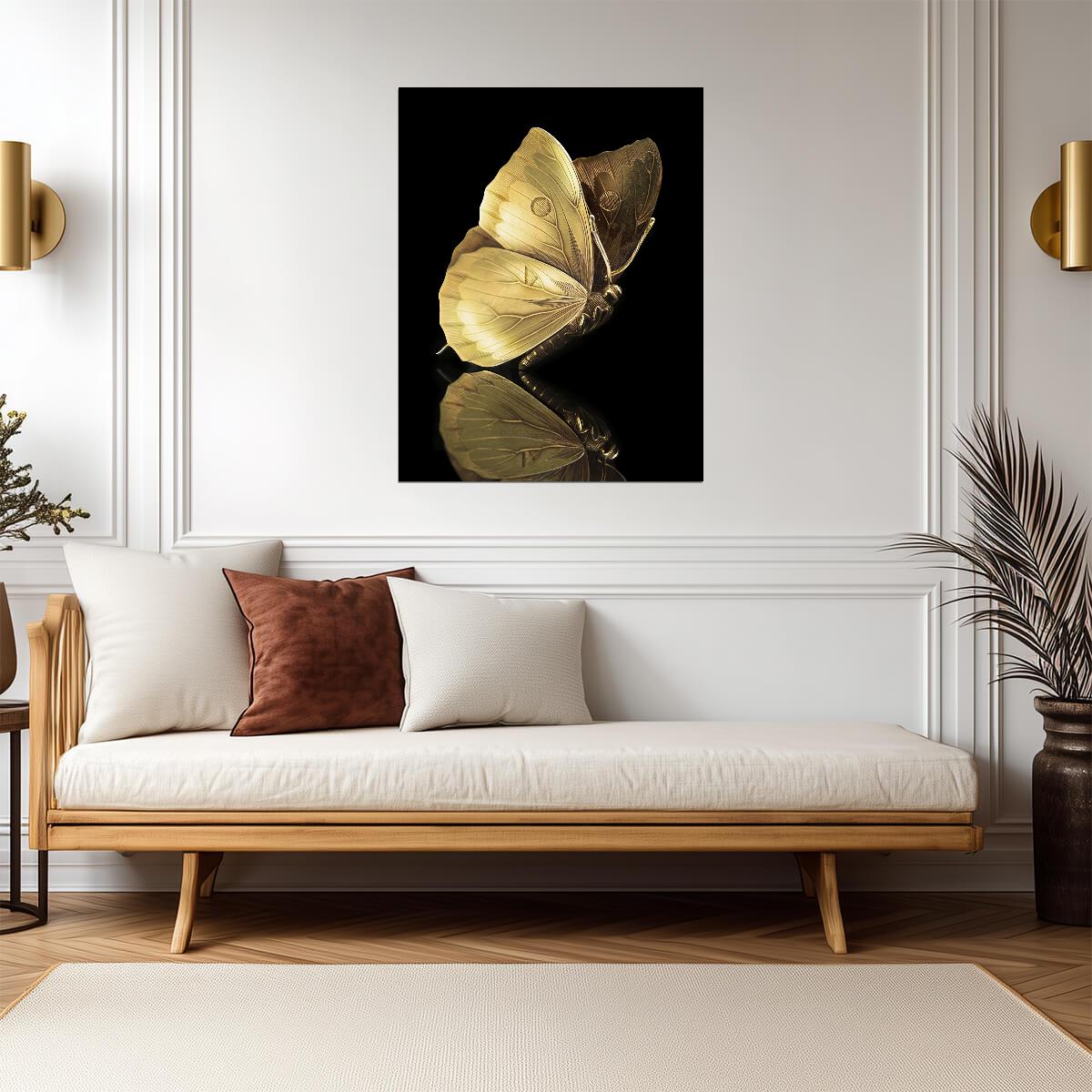 Golden Butterfly | Minimalist Black and Gold Art | Elegant Insect Wall Poster