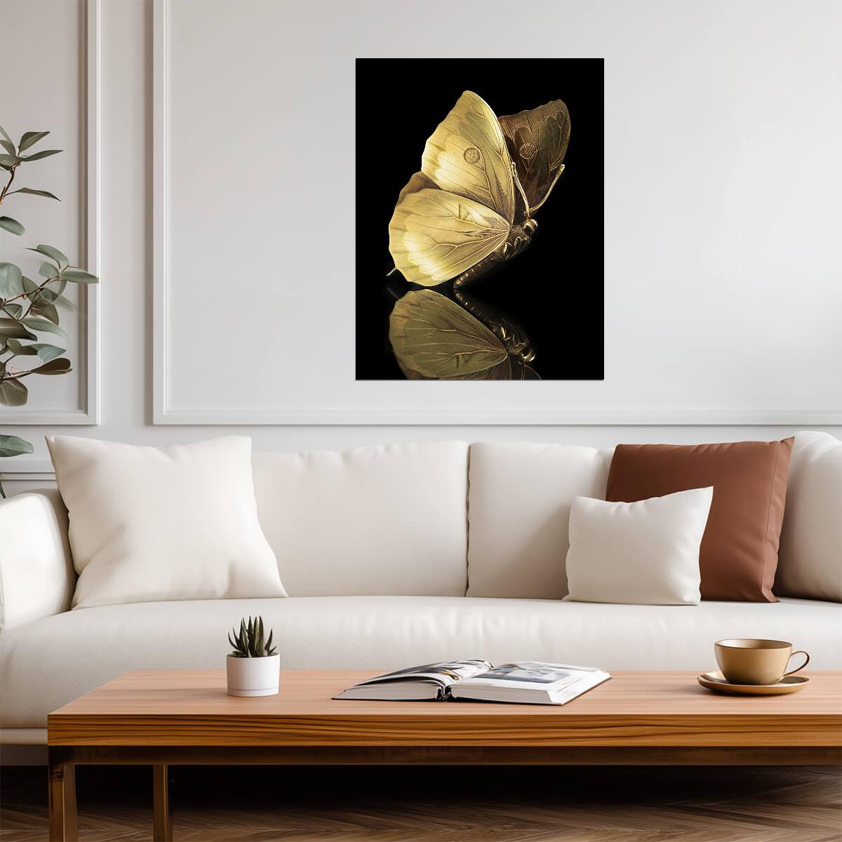 Golden Butterfly | Minimalist Black and Gold Art | Elegant Insect Wall Poster