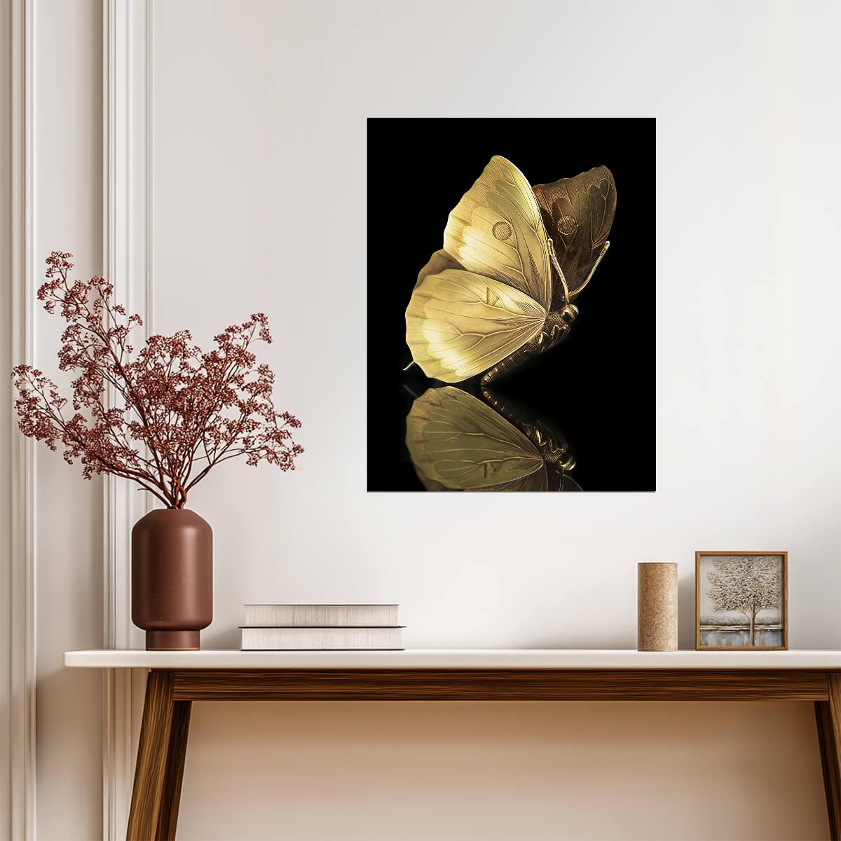 Golden Butterfly | Minimalist Black and Gold Art | Elegant Insect Wall Poster