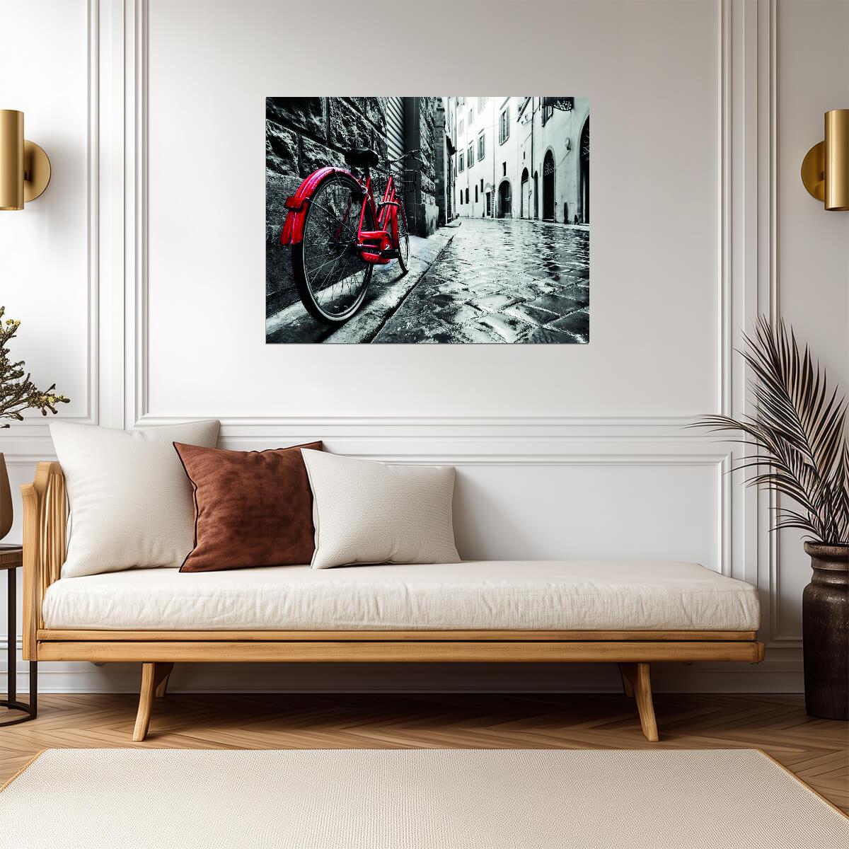 Red Bicycle on a Rainy Street | Vintage Urban Photography | Black and White Poster