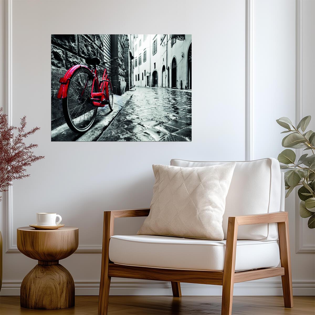 Red Bicycle on a Rainy Street | Vintage Urban Photography | Black and White Poster