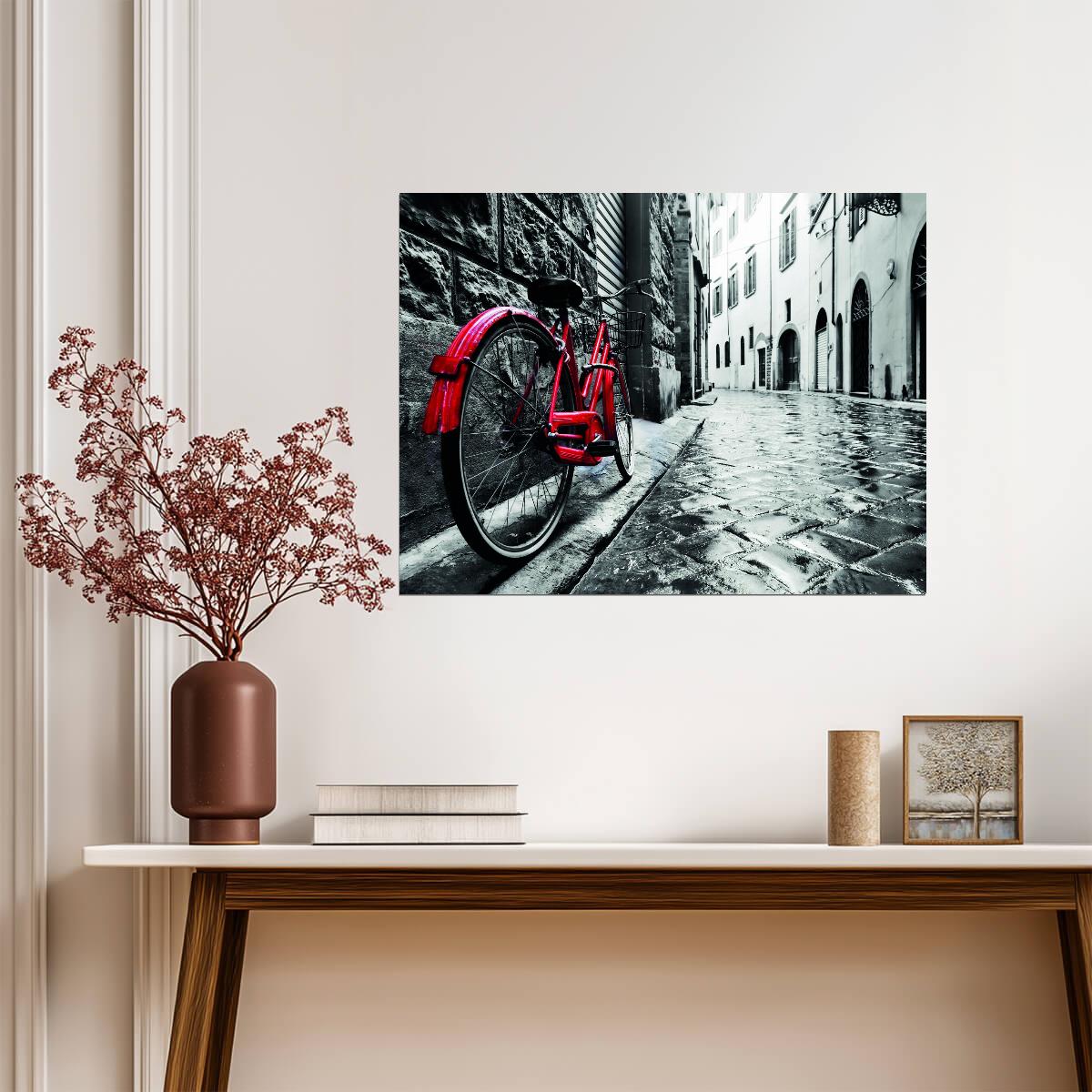 Red Bicycle on a Rainy Street | Vintage Urban Photography | Black and White Poster
