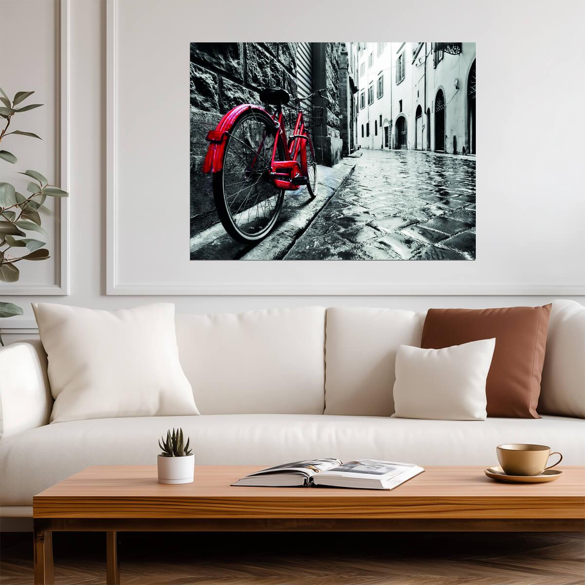 Red Bicycle on a Rainy Street | Vintage Urban Photography | Black and White Poster