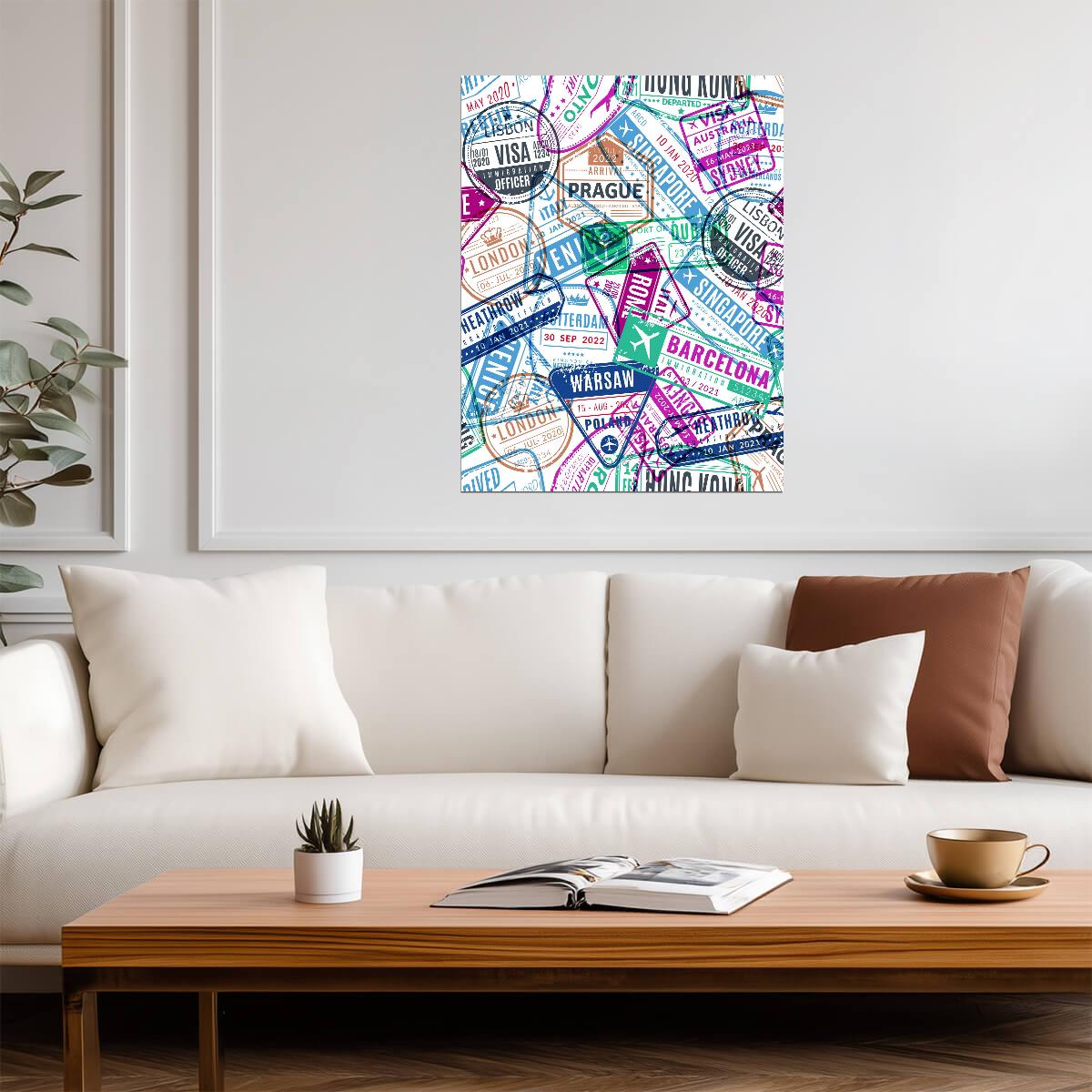Vintage Travel Stamps Collage | World Adventure Map Art | Retro Wall Poster