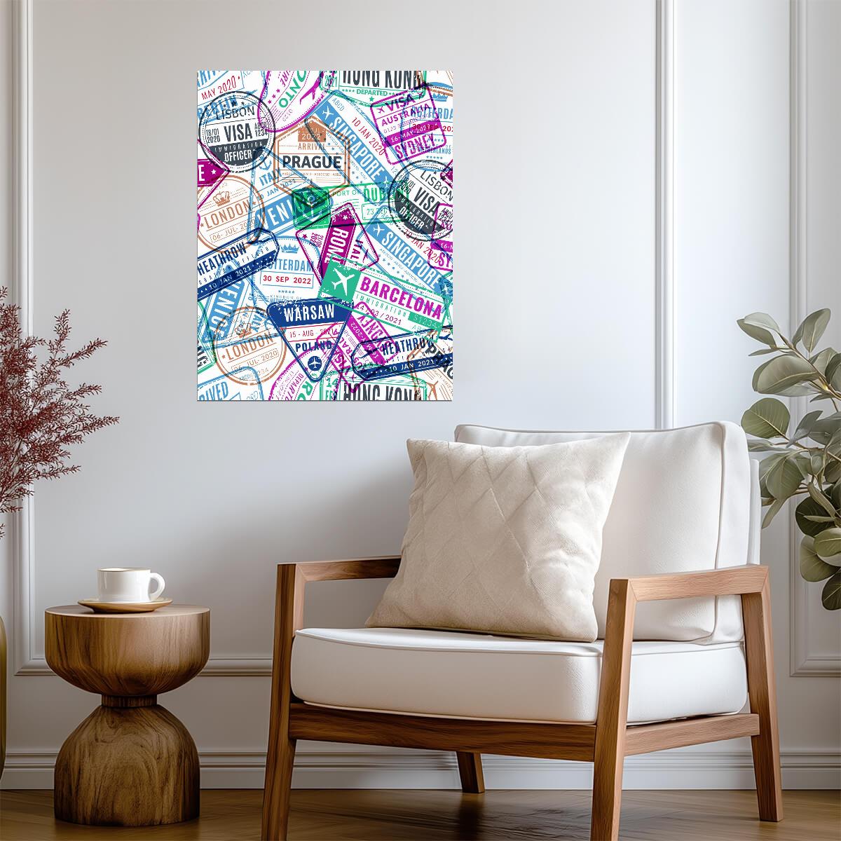 Vintage Travel Stamps Collage | World Adventure Map Art | Retro Wall Poster