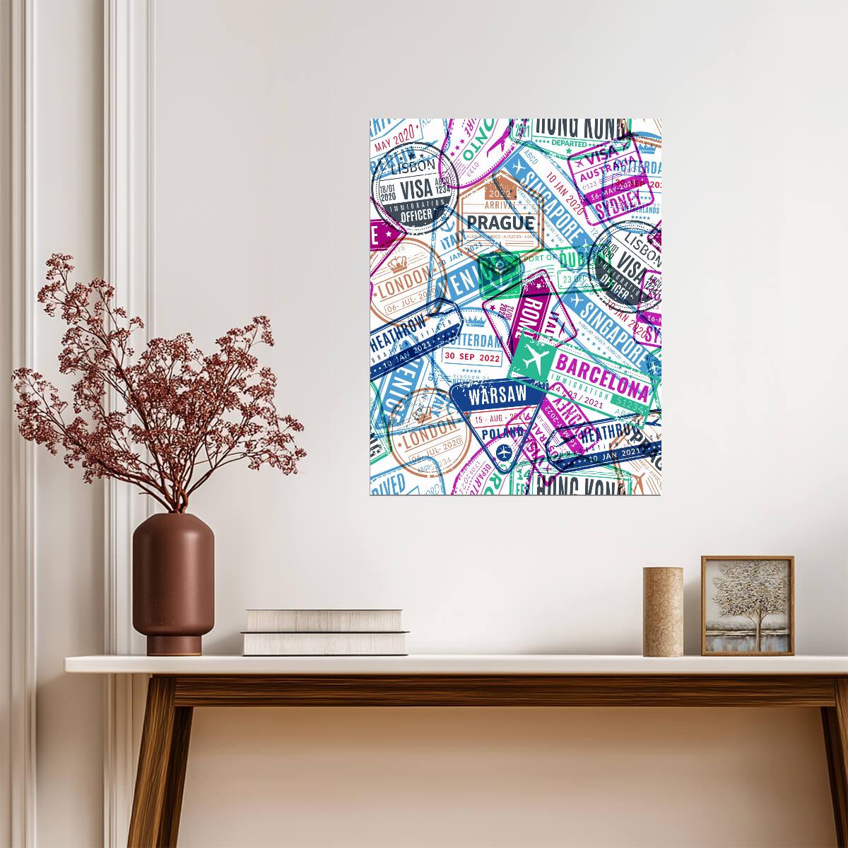 Vintage Travel Stamps Collage | World Adventure Map Art | Retro Wall Poster