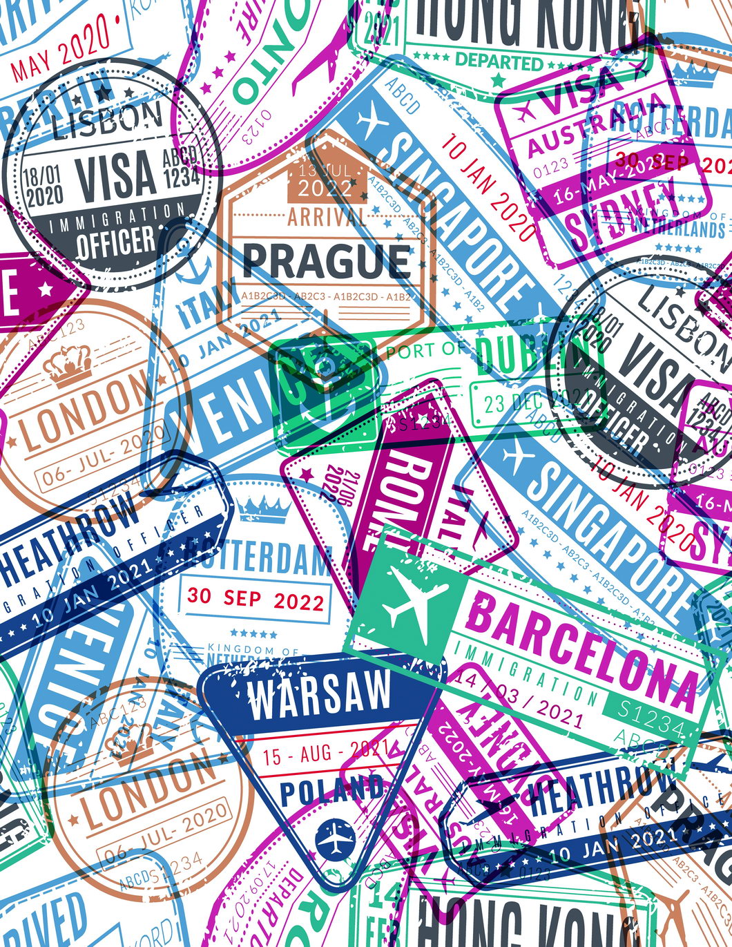 Vintage Travel Stamps Collage | World Adventure Map Art | Retro Wall Poster