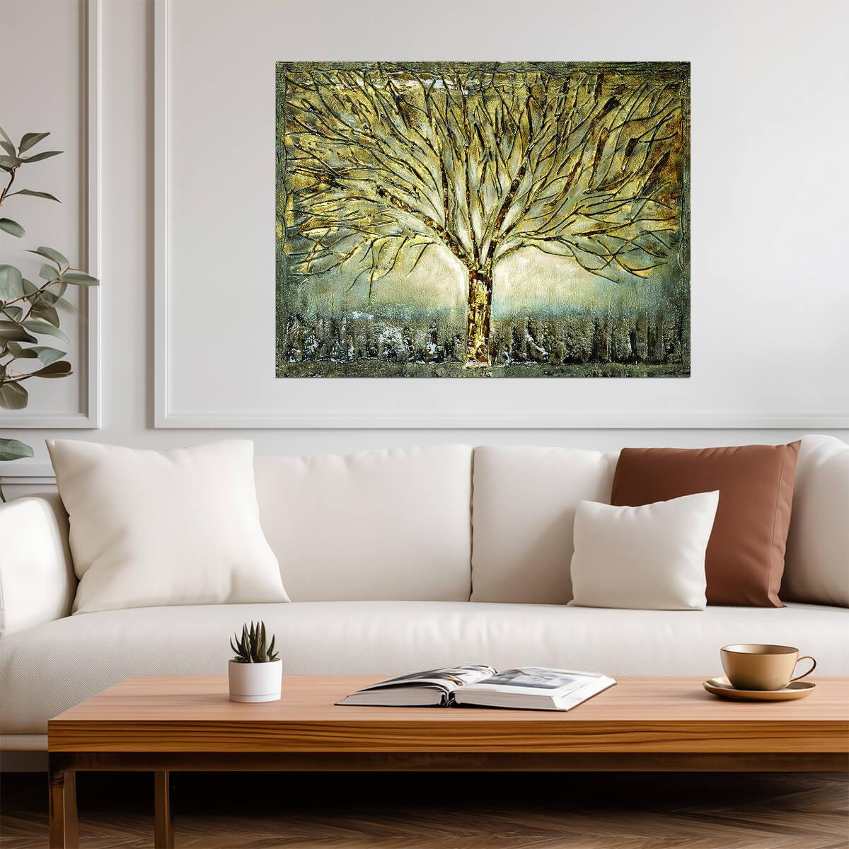 Abstract Golden Tree | Elegant Textured Art Print | Luxury Botanical Poster