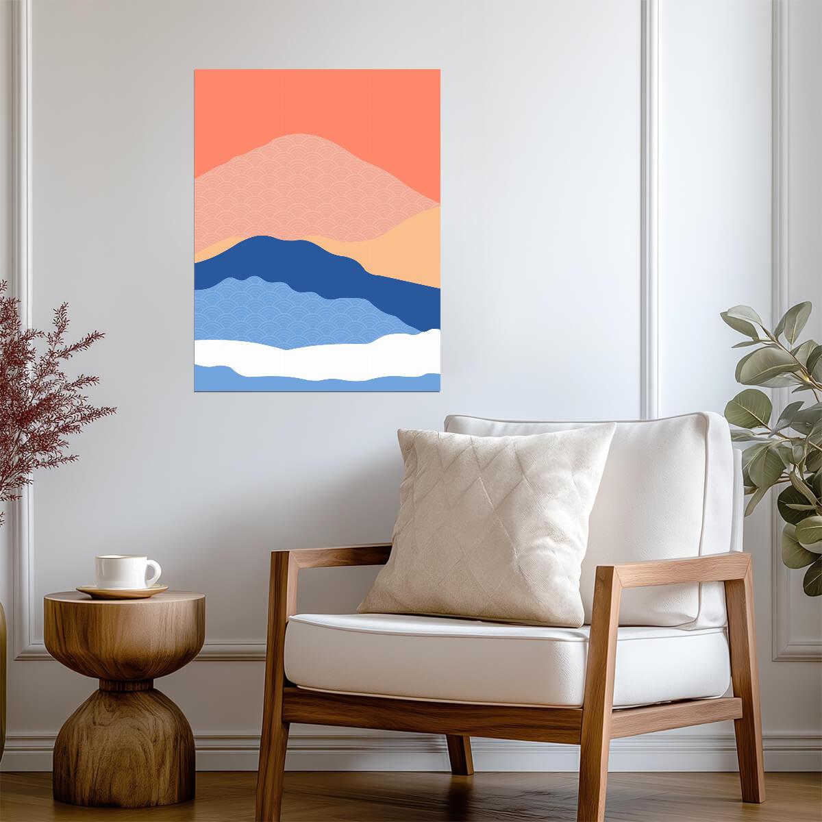 Japanese Style Mountain Landscape | Modern Abstract Art | Seigaiha Wave Pattern Poster