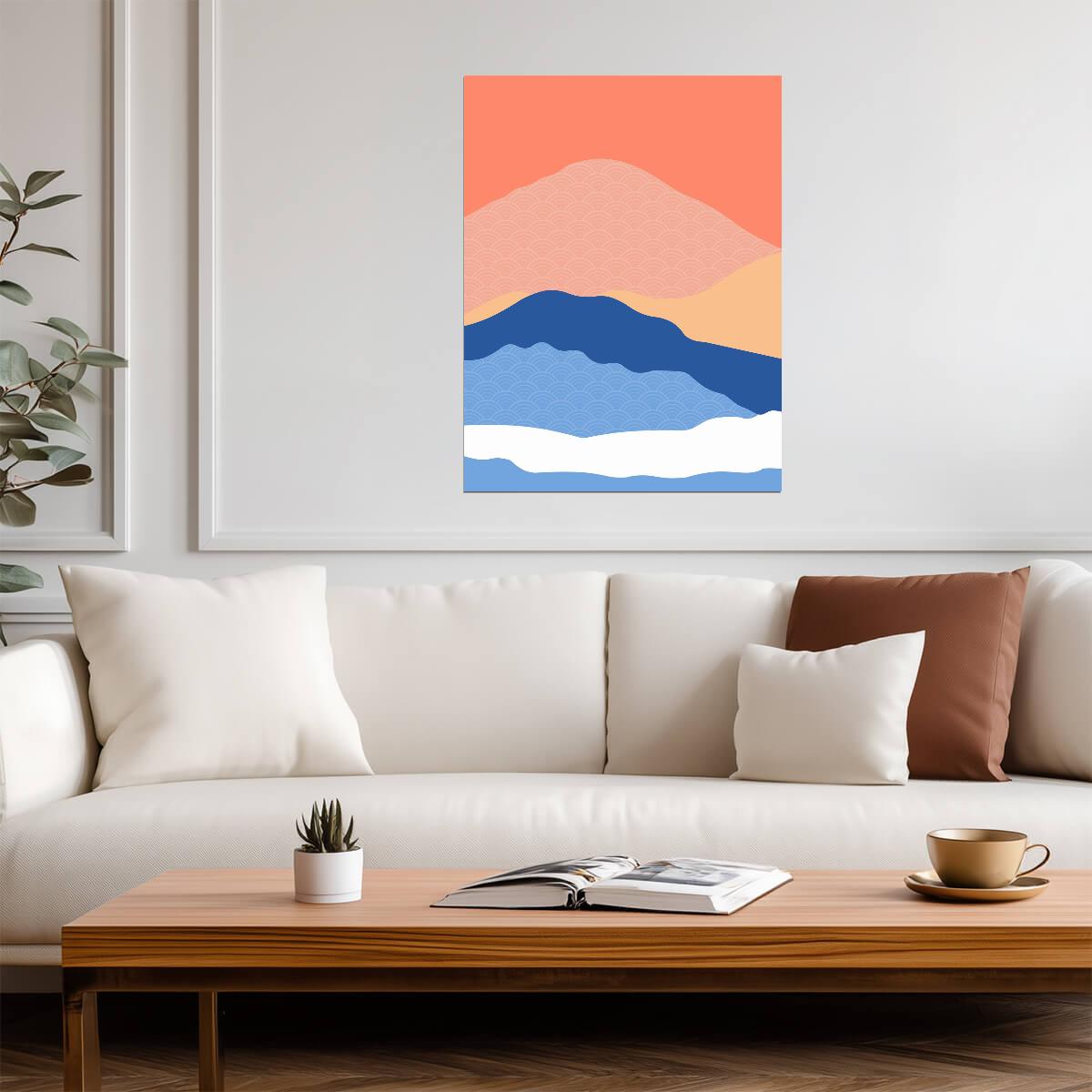 Japanese Style Mountain Landscape | Modern Abstract Art | Seigaiha Wave Pattern Poster