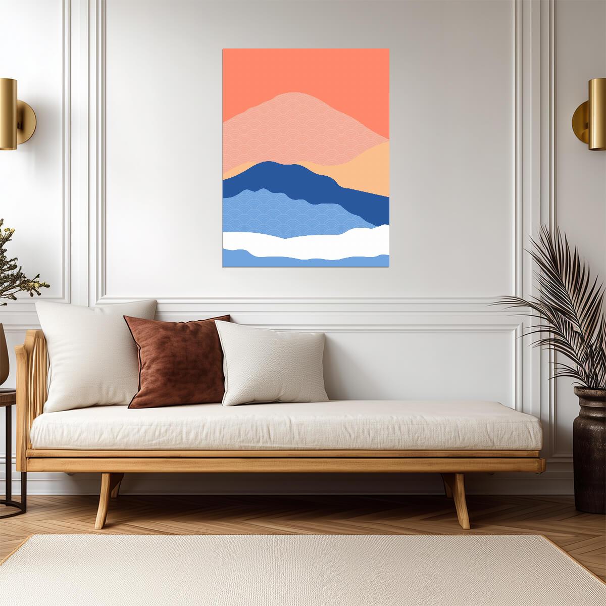 Japanese Style Mountain Landscape | Modern Abstract Art | Seigaiha Wave Pattern Poster