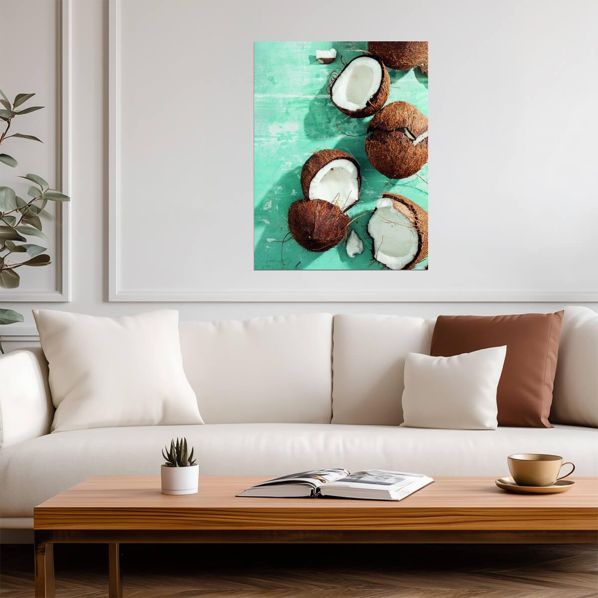 Rustic Coconut Still Life | Tropical Kitchen Photography | Vintage Food Art Poster