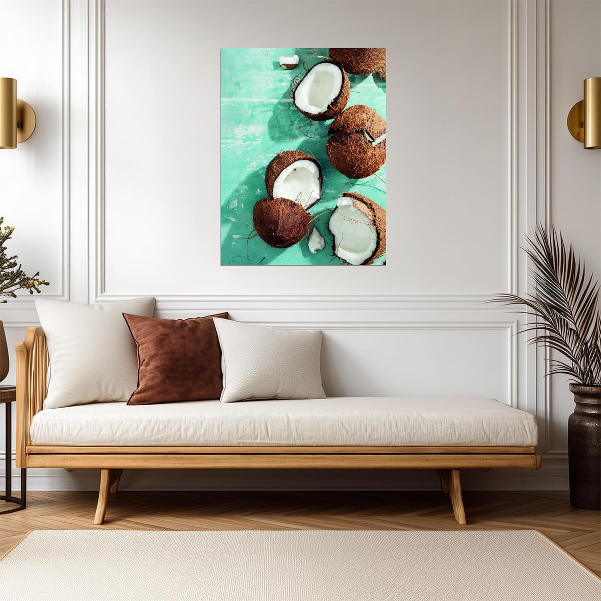 Rustic Coconut Still Life | Tropical Kitchen Photography | Vintage Food Art Poster