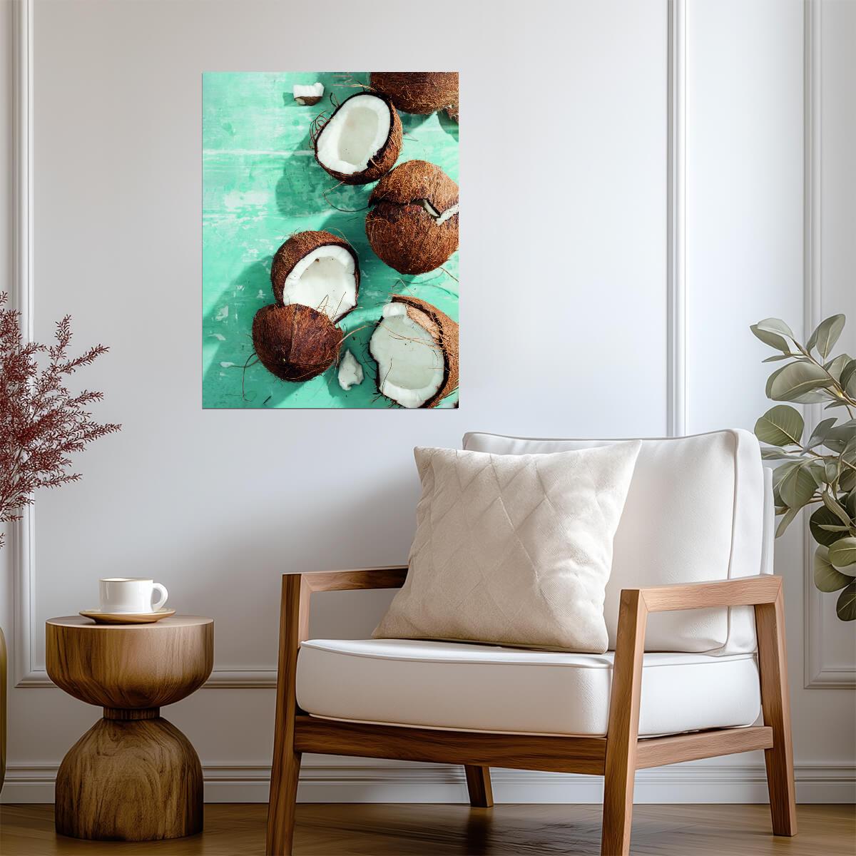 Rustic Coconut Still Life | Tropical Kitchen Photography | Vintage Food Art Poster
