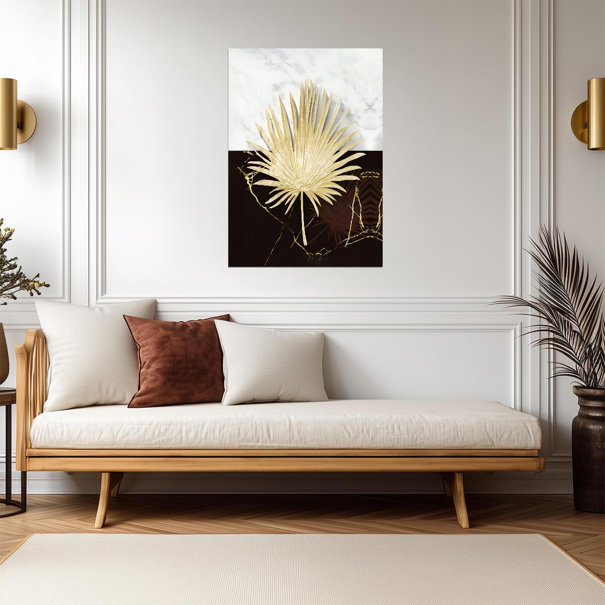 Golden Palm Leaf on Marble | Luxury Botanical Art | Modern Black and White Poster