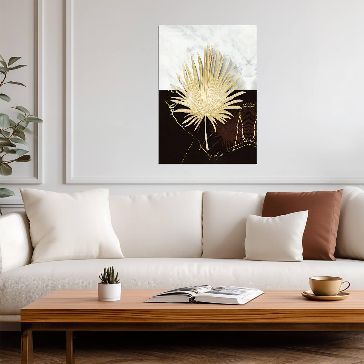 Golden Palm Leaf on Marble | Luxury Botanical Art | Modern Black and White Poster