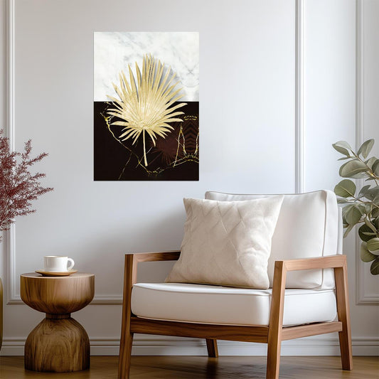 Golden Palm Leaf on Marble | Luxury Botanical Art | Modern Black and White Poster