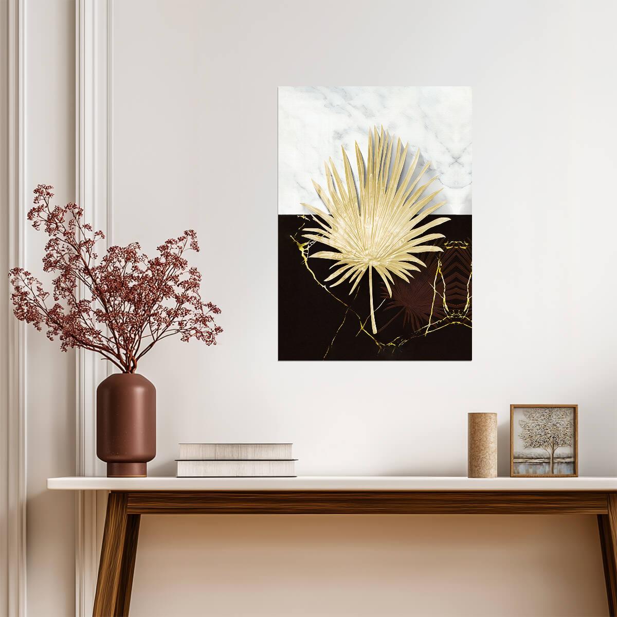 Golden Palm Leaf on Marble | Luxury Botanical Art | Modern Black and White Poster