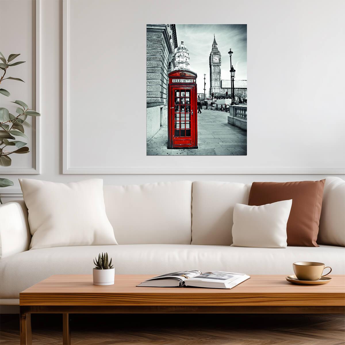 London Red Telephone Booth | Black and White Cityscape | Iconic British Poster