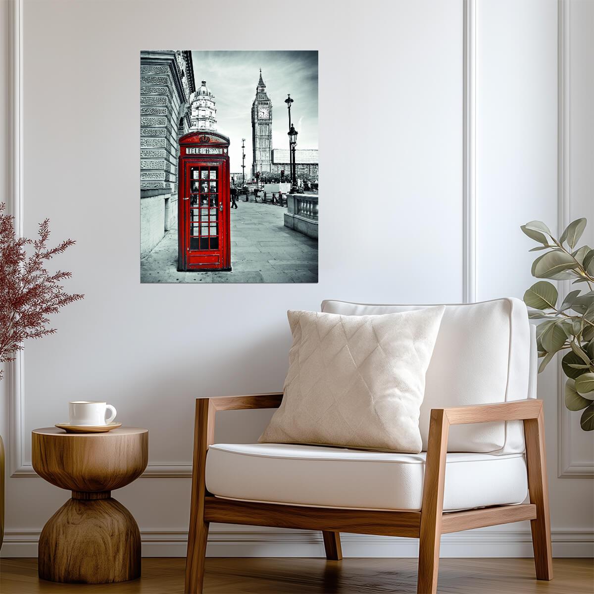 London Red Telephone Booth | Black and White Cityscape | Iconic British Poster