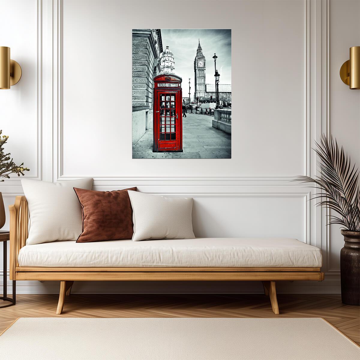 London Red Telephone Booth | Black and White Cityscape | Iconic British Poster