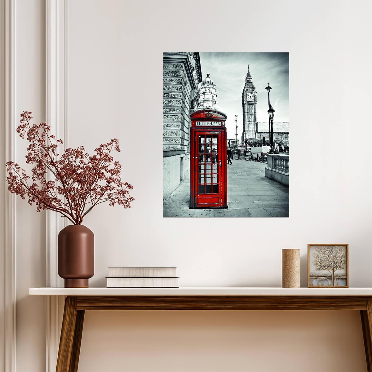 London Red Telephone Booth | Black and White Cityscape | Iconic British Poster