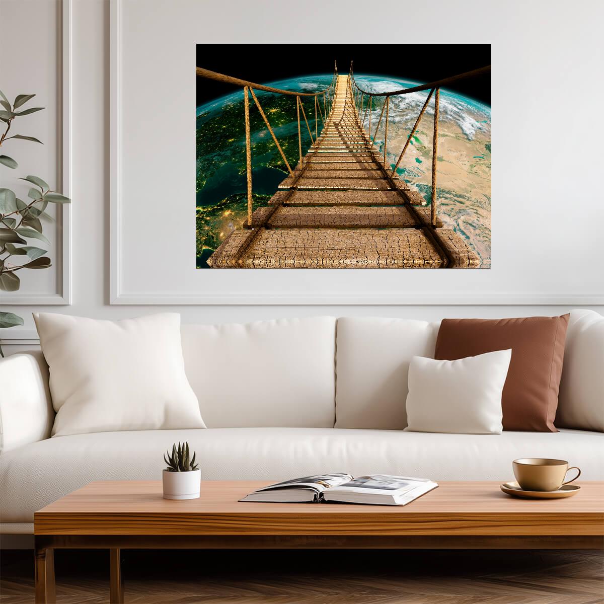 Surreal Suspension Bridge to Earth | Cosmic Art Print | Fantasy Landscape Poster