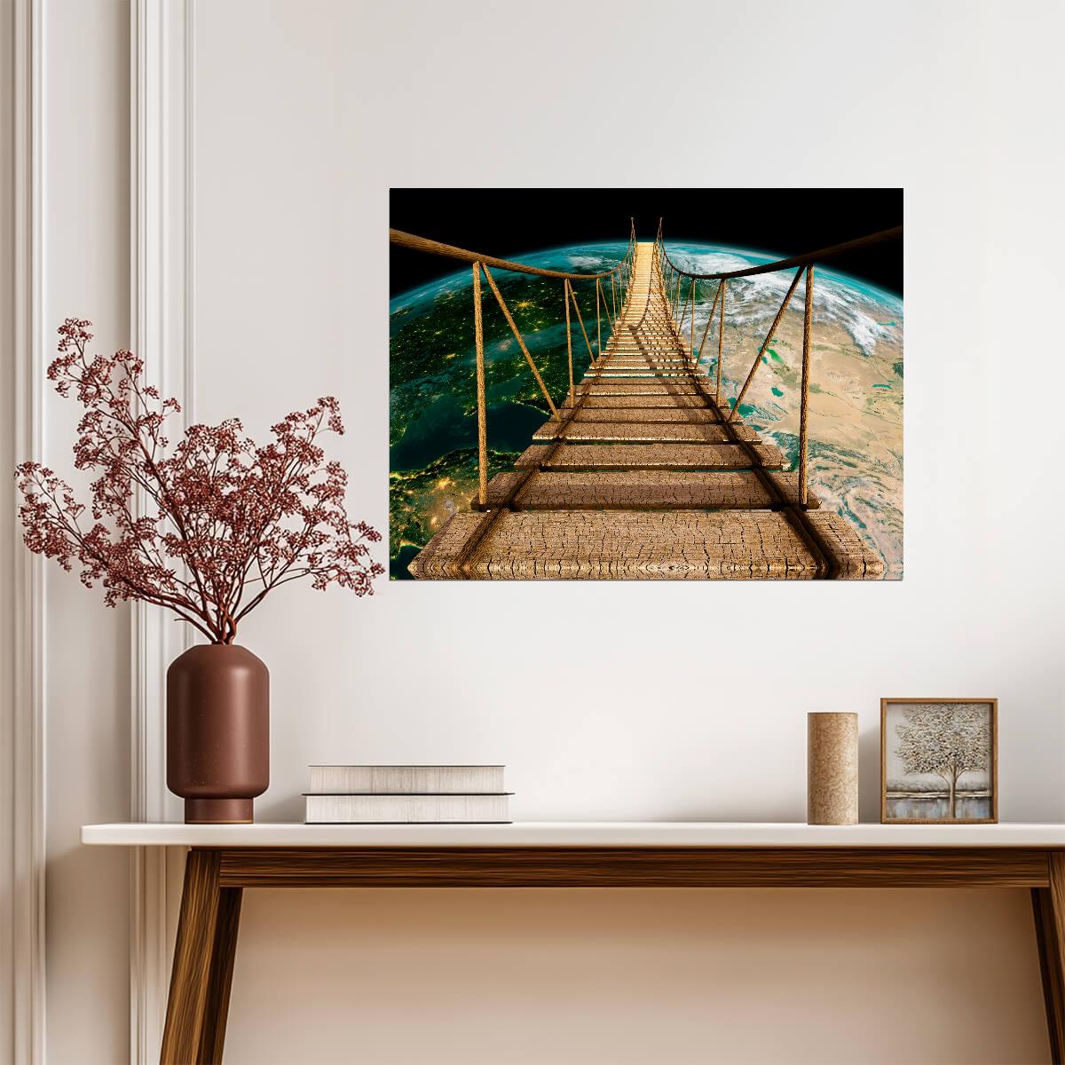 Surreal Suspension Bridge to Earth | Cosmic Art Print | Fantasy Landscape Poster
