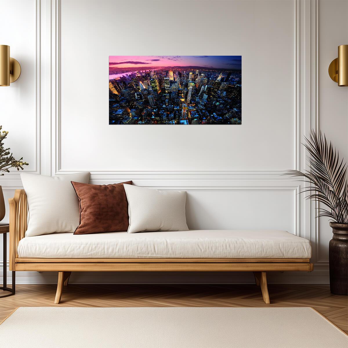 Aerial Cityscape at Dusk | Urban Skyline Photography | Vibrant City Lights Poster