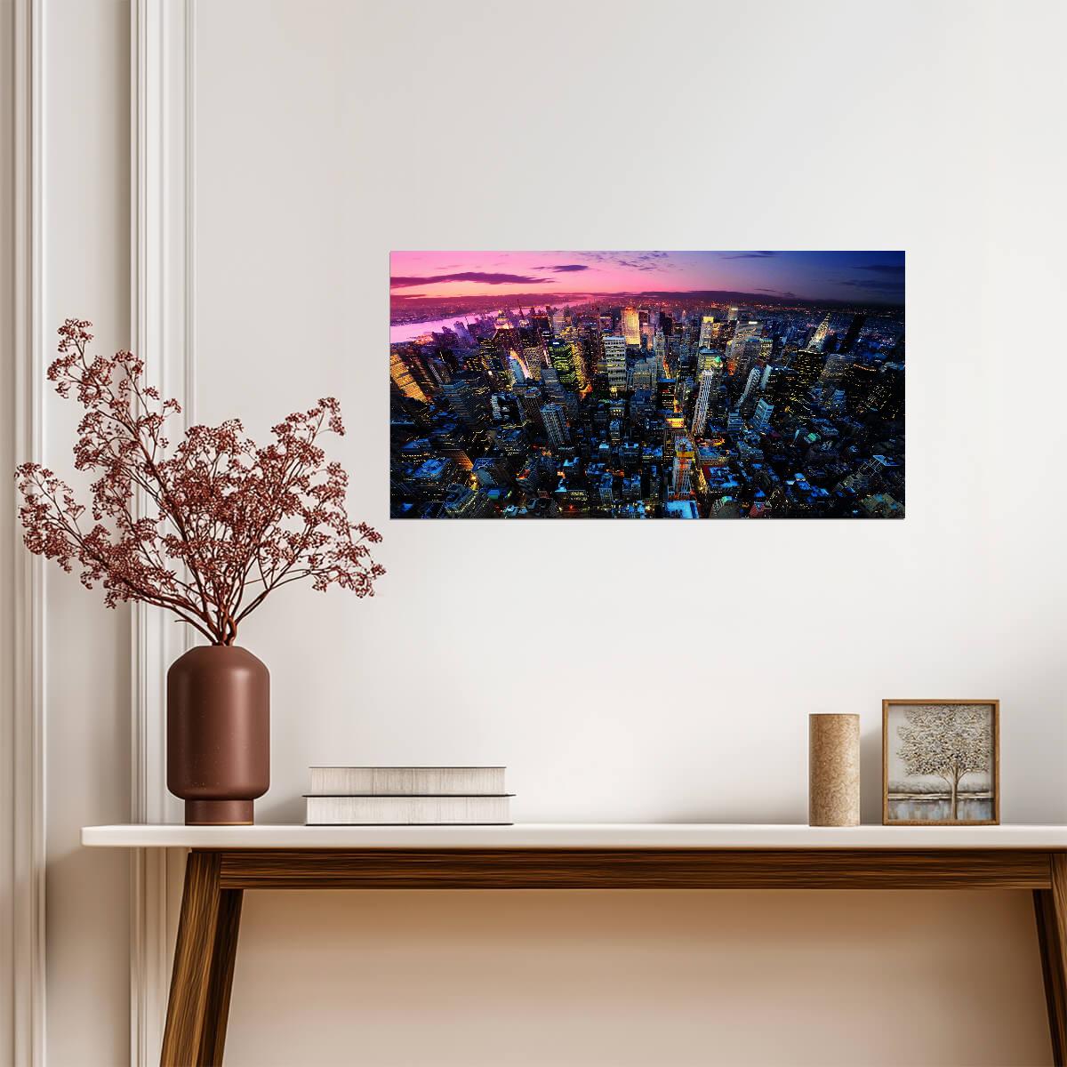 Aerial Cityscape at Dusk | Urban Skyline Photography | Vibrant City Lights Poster