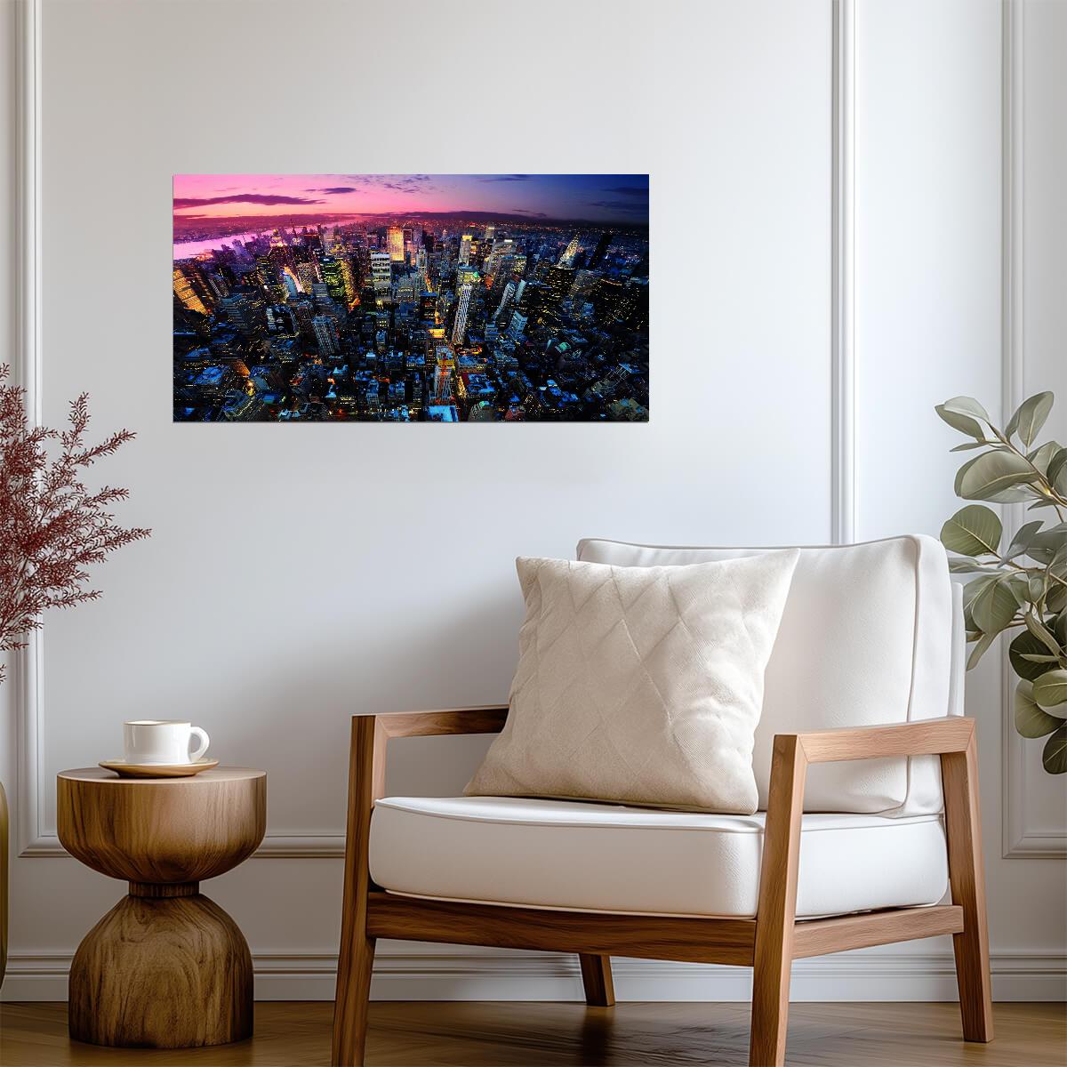 Aerial Cityscape at Dusk | Urban Skyline Photography | Vibrant City Lights Poster