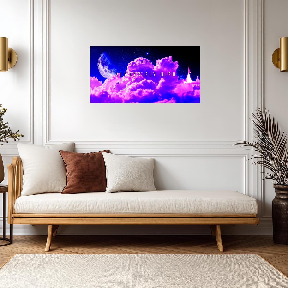 "Fly High" | Inspirational Quote Poster | Dreamy Purple Sky and Moon Art