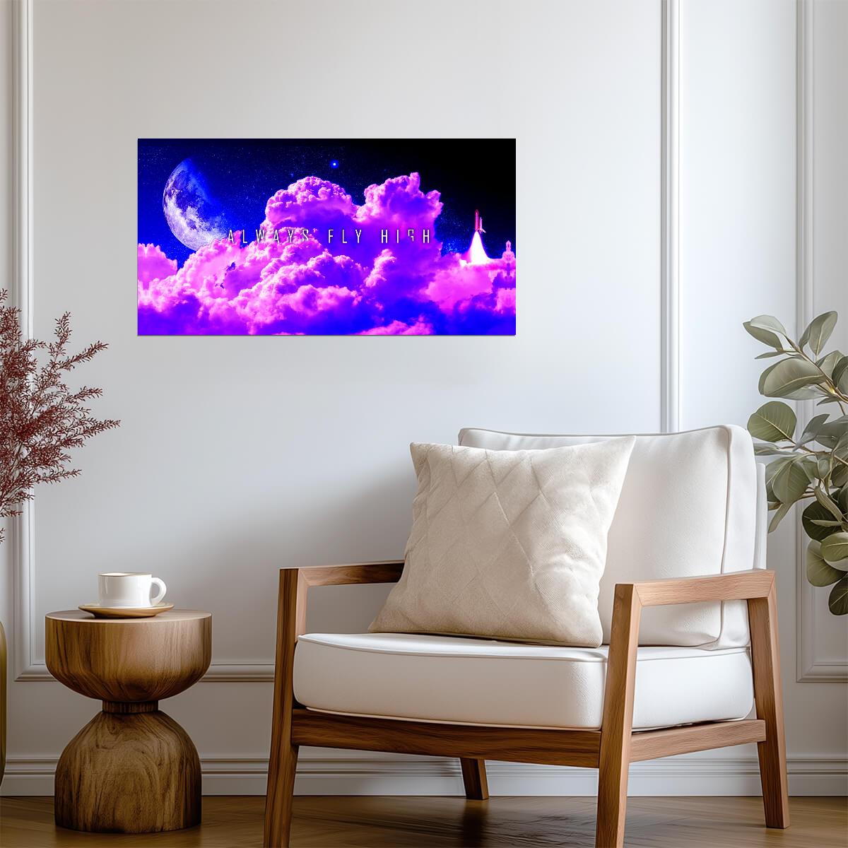 "Fly High" | Inspirational Quote Poster | Dreamy Purple Sky and Moon Art