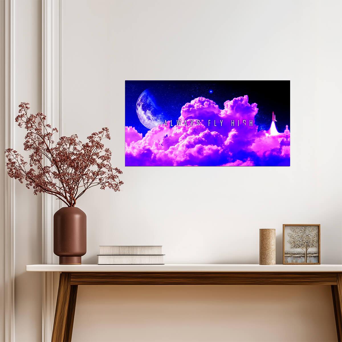 "Fly High" | Inspirational Quote Poster | Dreamy Purple Sky and Moon Art