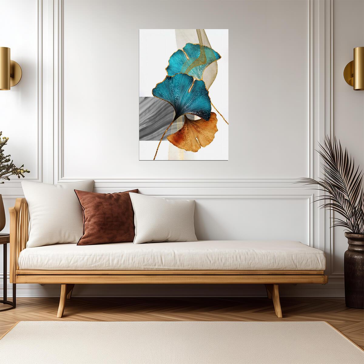 Golden and Blue Ginkgo Leaves | Elegant Botanical Art | Minimalist Nature Poster
