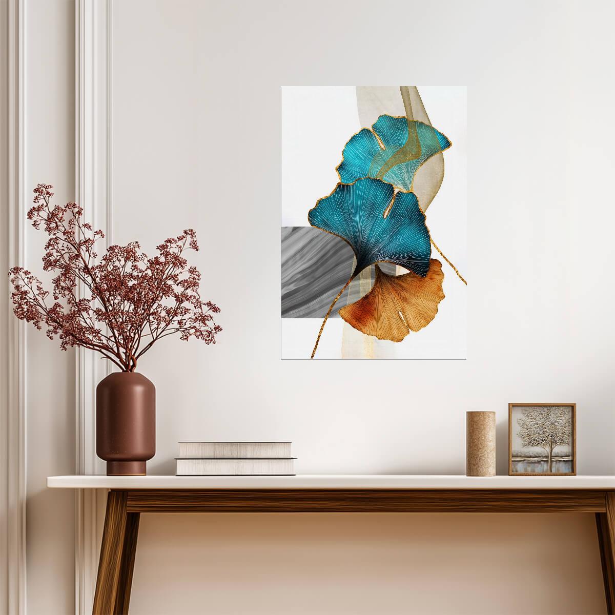 Golden and Blue Ginkgo Leaves | Elegant Botanical Art | Minimalist Nature Poster