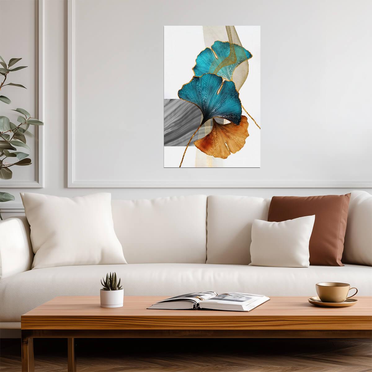 Golden and Blue Ginkgo Leaves | Elegant Botanical Art | Minimalist Nature Poster