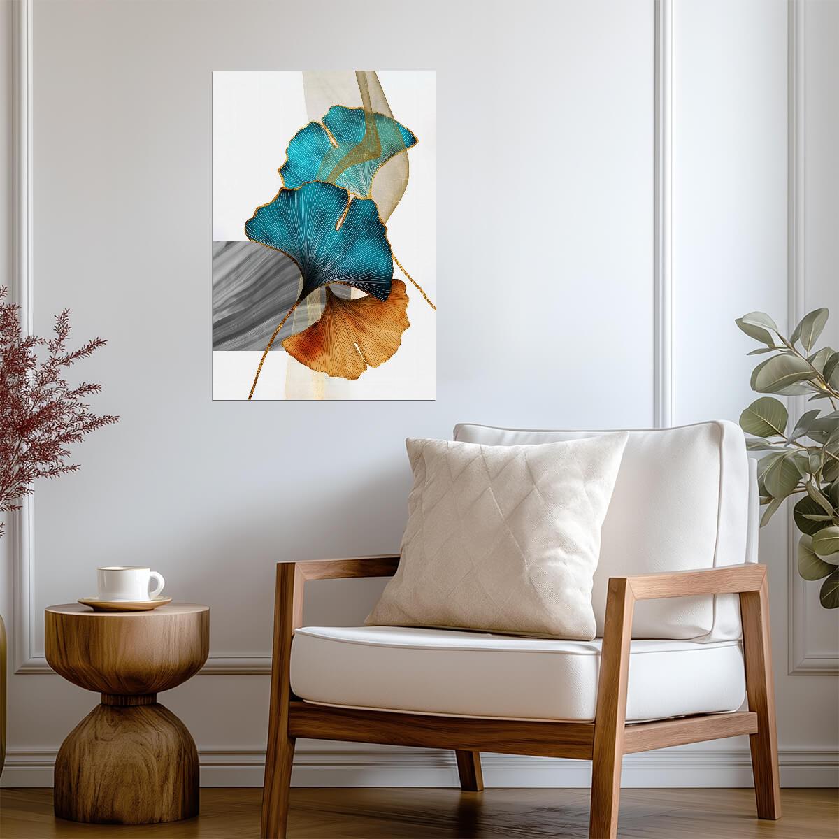 Golden and Blue Ginkgo Leaves | Elegant Botanical Art | Minimalist Nature Poster